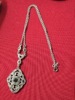 Vintage Marcasite Filigree Silver Tone  Pendant Necklace